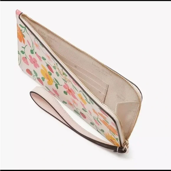 Kate Spade Strawberry Garden Medium L-zip Lucy Wristlet Pink Multi Floral NWT - Picture 6 of 7